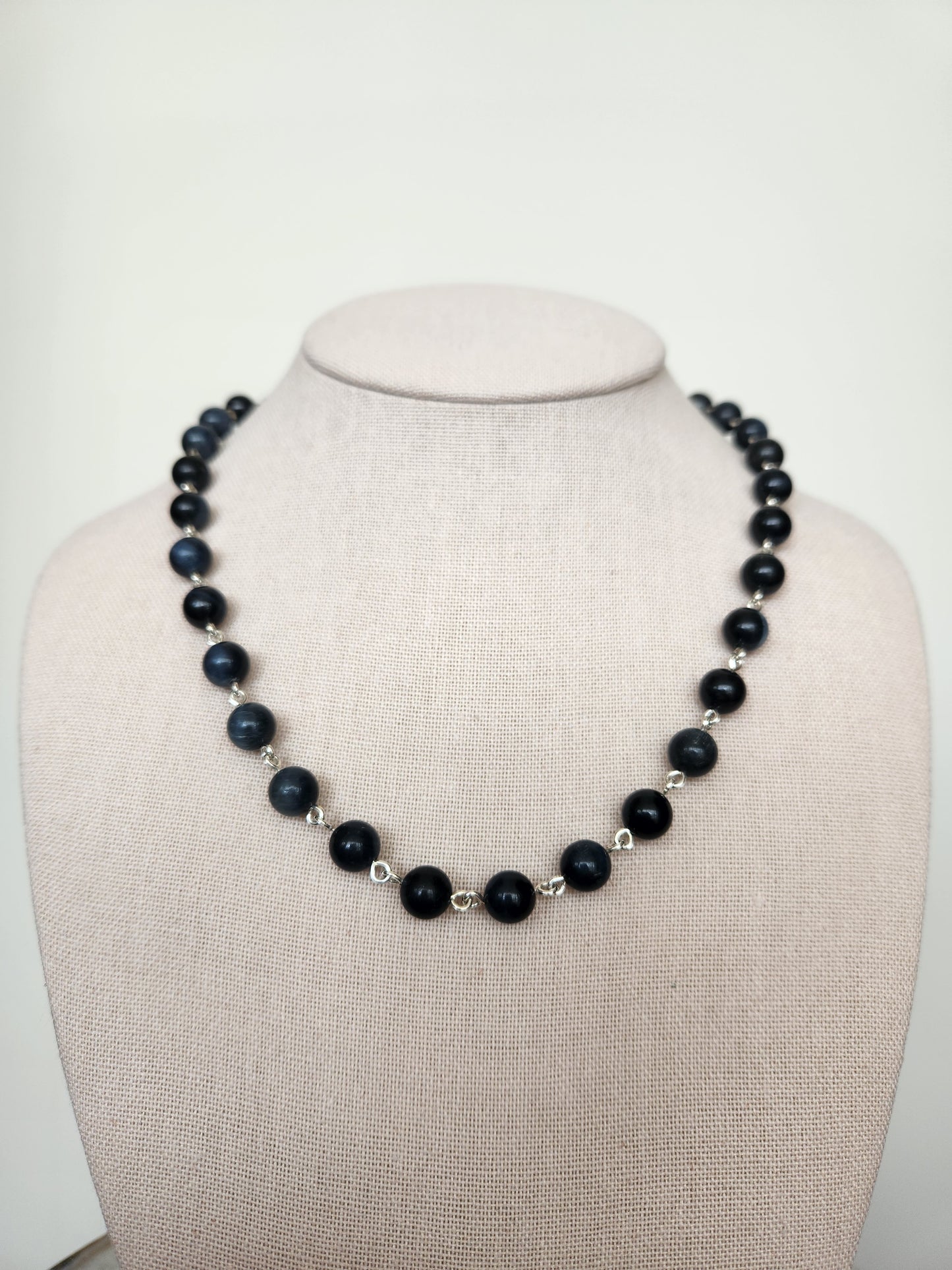 Sterling Silver 8.5 Mm Gray Blue Tiger's Eye Bead Link Chain Necklace With Opening Circle Bail Clasp, 19"