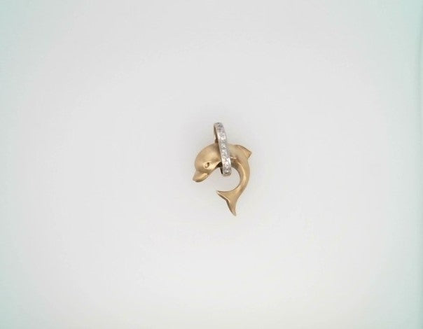 Vintage 14 Karat Yellow Gold Dolphin Jumping Thorugh A Diamond Hoop Pendant With Brushed Finish