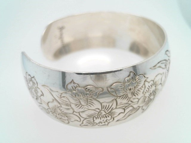 Vintage Sterling Silver "Daffodil" Etched Cuff Bangle Bracelet, Signed S. Kirk & Sons, Jonquil