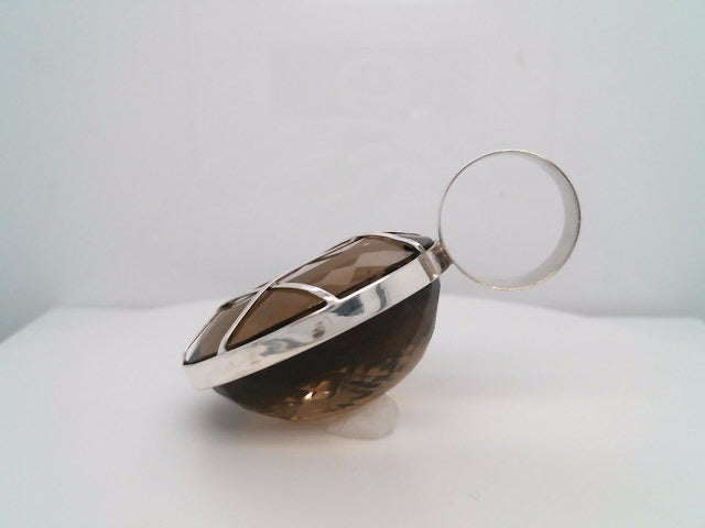 Vintage Sterling Silver Oval Smokey Quartz Pendant With Lattice Design