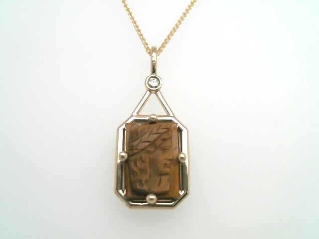 14 Karat Yellow Gold Rectangular Carved Tiger's Eye Intaglio Pendant With Diamond Accent