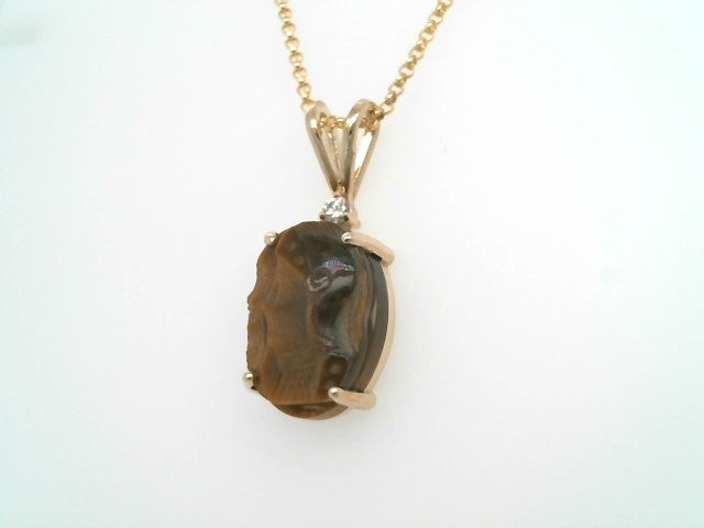14 Karat Yellow Gold Oval Carved Tiger's Eye Inaglio Pendant With Diamond Accent