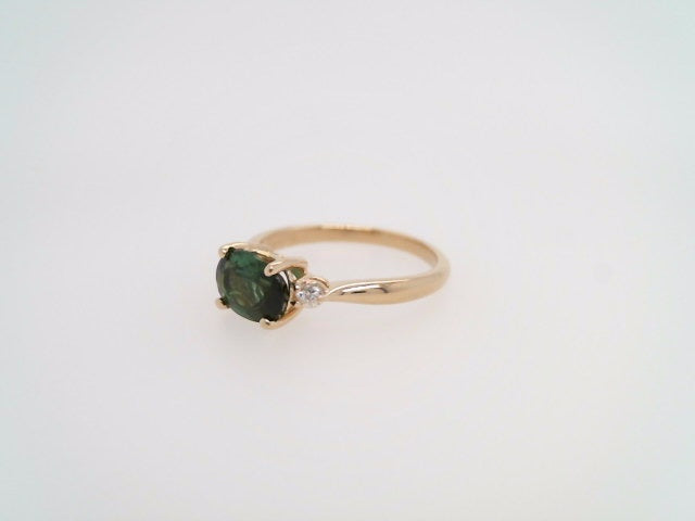 14 Karat Yellow Gold Green Tourmaline & Diamond East/West Style Ring