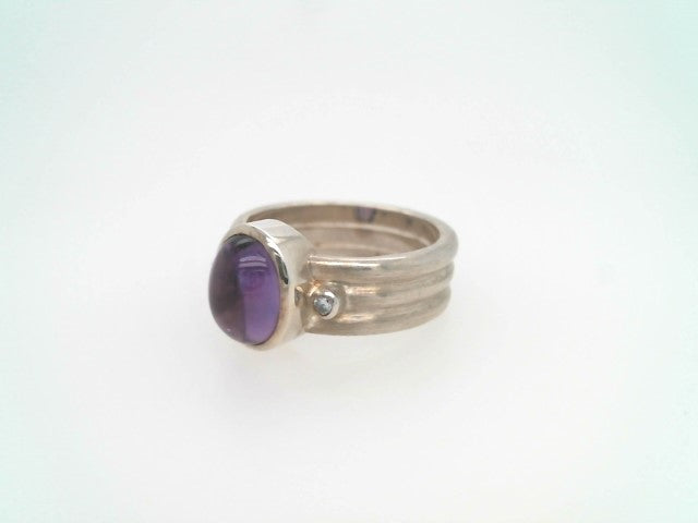 Sterling Silver "Orbit" Cabochon Amehtyst Ring With Diamond Accents
