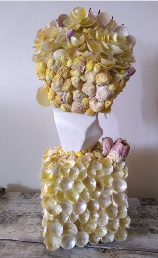 Shell Encrusted Bust Statue With Hand Picked Florida Sea Shells & Barn