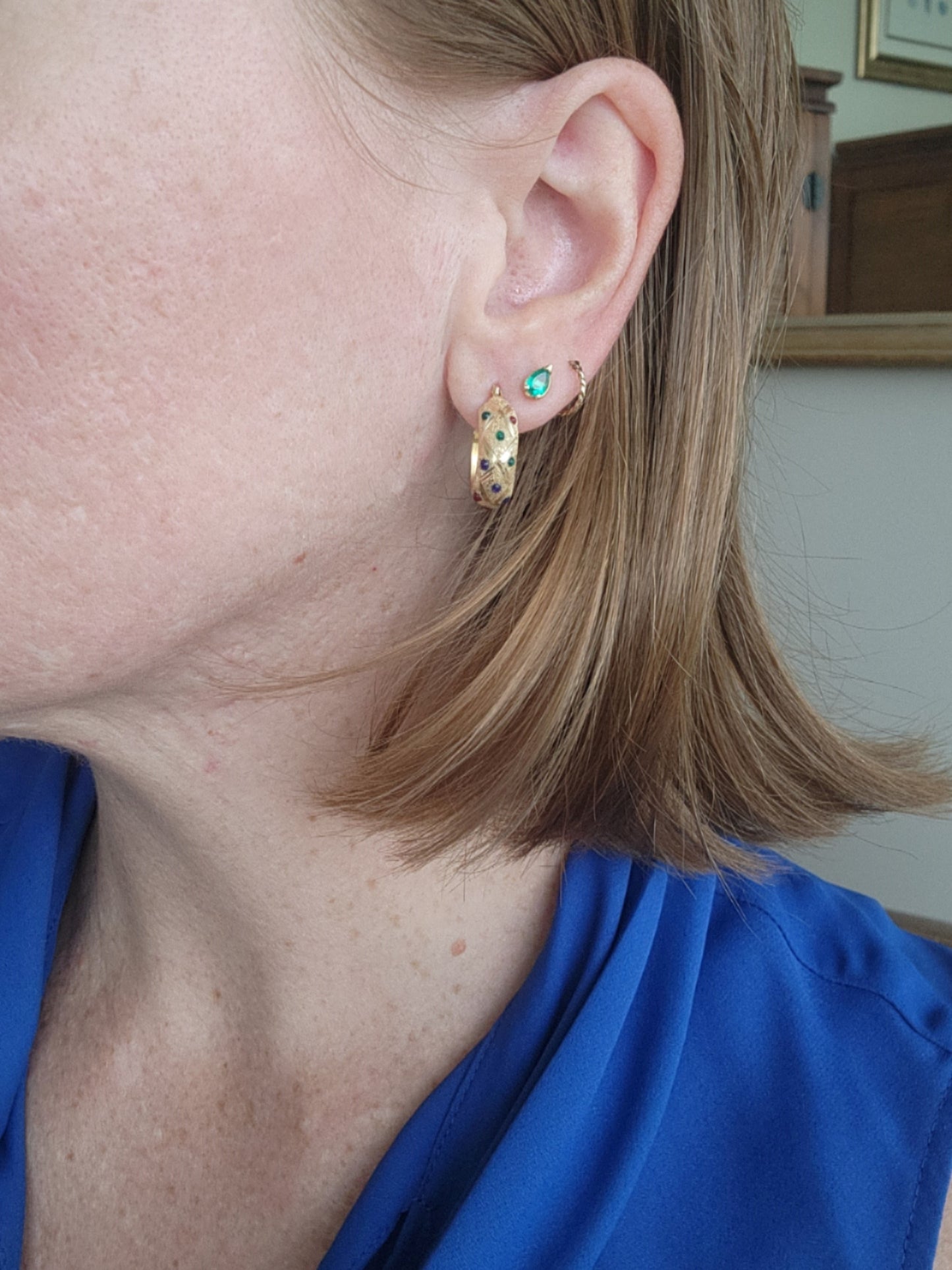 Vintage 14 Karat Yellow Gold Etched Hoop Earrings With Red, Blue & Green Enamel Accents