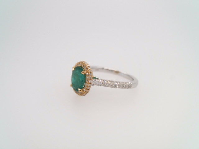 18 Karat White & Yellow Gold Oval Emerald With Diamond Accents Halo Style Ring