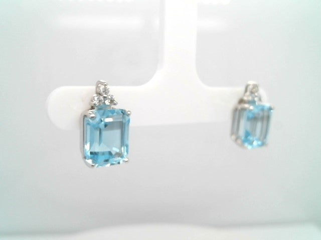 14 Karat White Gold Emerald Cut Blue Topaz & Diamond Stud Earrings