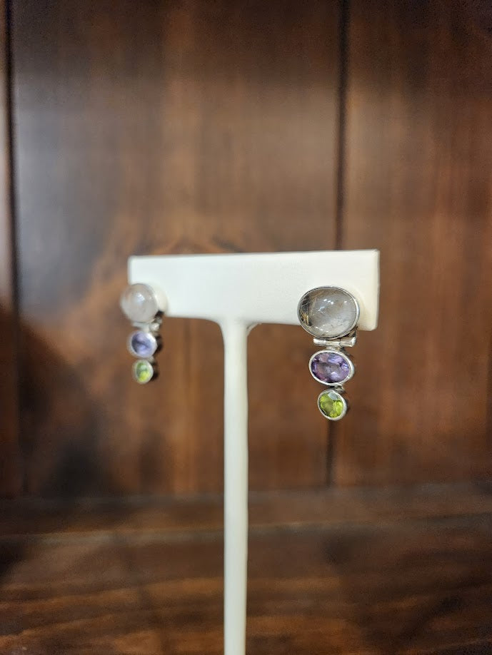 Vintage Sterling Silver Rutilated Quartz, Amethyst & Peridot Drop Stud Earrings