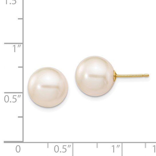 14K Yellow gold 10-11 mm White Round Freshwater Cultured Pearl Stud Ea