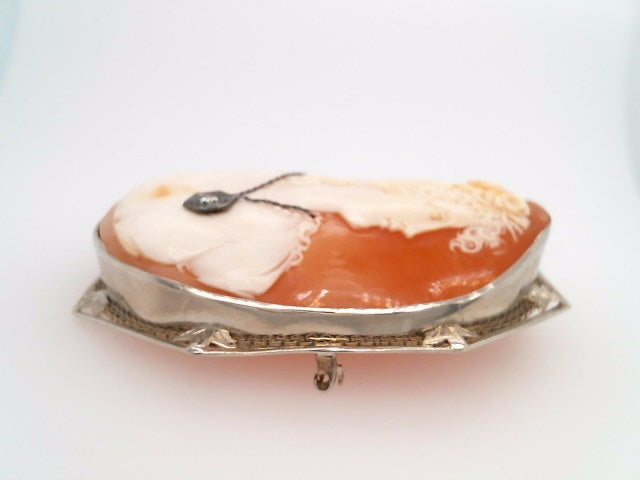 Vintage 14 Karat White Gold Filigree Cameo Pin/Pendant With Diamond Necklace Measuring 58mm X 45mm.