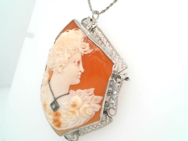 Antique 14 Karat White Gold Carved Seashell Cameo Pin/Pendant With Diamond Necklace