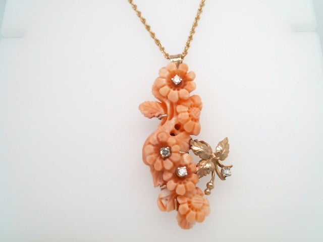 Vintage Handmade 14 Karat Yellow Gold Carved Multi Floral Coral Pendant With Diamond Accents