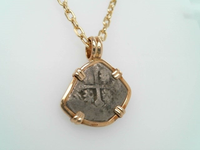 Silver 2 Reale Coin Prong Set in 14 Karat Yellow Gold Bezel Pendant
D
