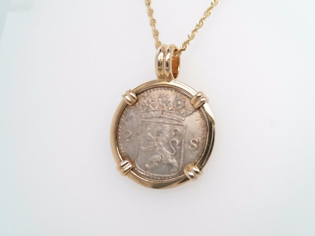 Sterling Silver double stuiver Coin Set In Prong Set In 14 Karat Yellow Gold Bezel Pendant