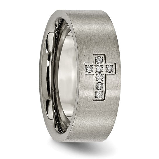 Titanium Brushed Diamond Cross 8 Mm Flat Band Size 10