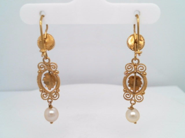 Vintage 14 Karat Yellow Gold Pearl Earrings With Leaves & Scroliing Filgree Design