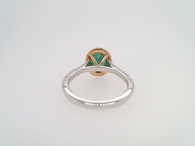 18 Karat White & Yellow Gold Oval Emerald With Diamond Accents Halo Style Ring