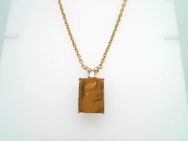 14 Karat Yellow Gold Rectangular Carved Tiger's Eye Inaglio Pendant With Diamond Accent