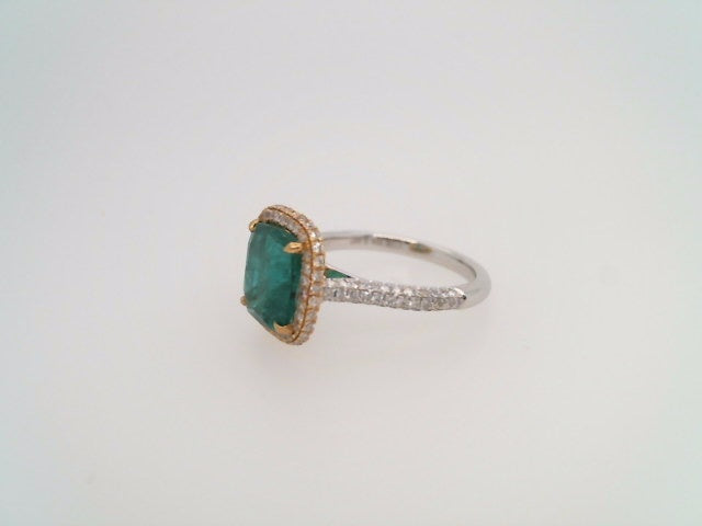 18 Karat White & Yellow Gold Cushion Shaped Emerald With Diamond Accent Halo Style Ring