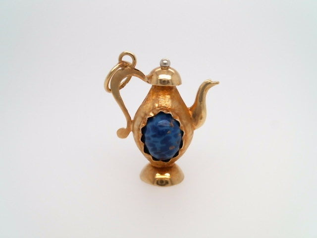 Vintage 18 Karat Yellow Gold Handmade Italian Teapot Charm With Lapis Blue Murano Glass Cabochons