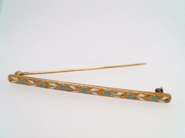 Vintage 14 Karat Yellow Gold Floral Design Bar Pin With Turquoise Blue And White Enamel Measuring 60 X 3.5mm