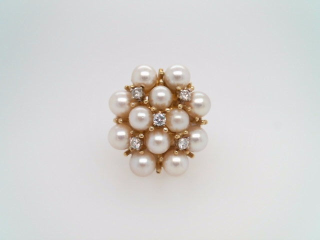 Vintage 14 Karat Yellow Gold Pearl & Diamond Cluster Ring