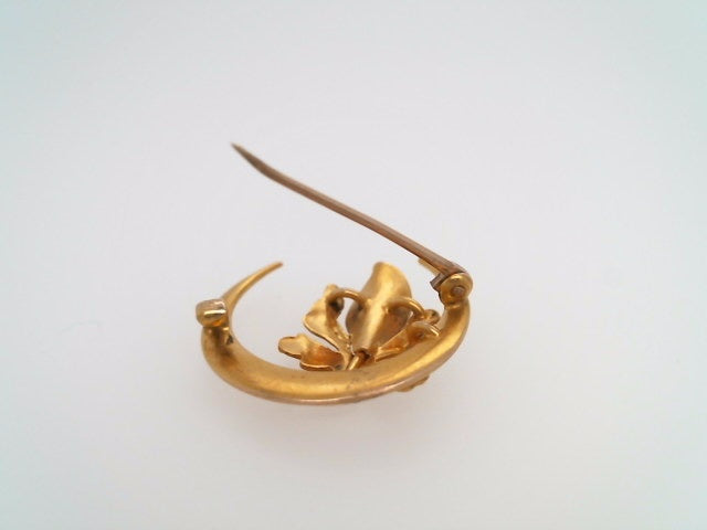 Antique Victorian 10 Karat Yellow Gold Crescent Moon Floral Pin With Seed Pearl