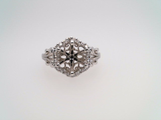 14 Karat White Gold Diamond Halo Style Engagement Ring Mounting With Milgrain Detail For A 2.00 Carat Center