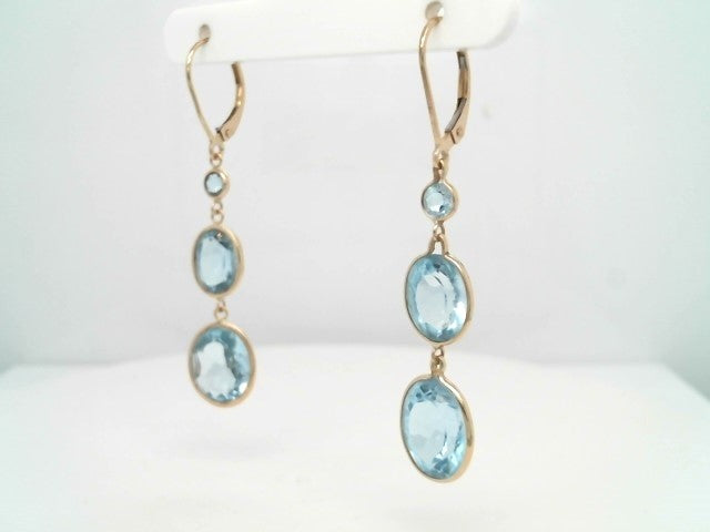 14 Karat Yellow Gold Triple Tier Sky Blue Topaz Dangle Earrings With Leverbacks