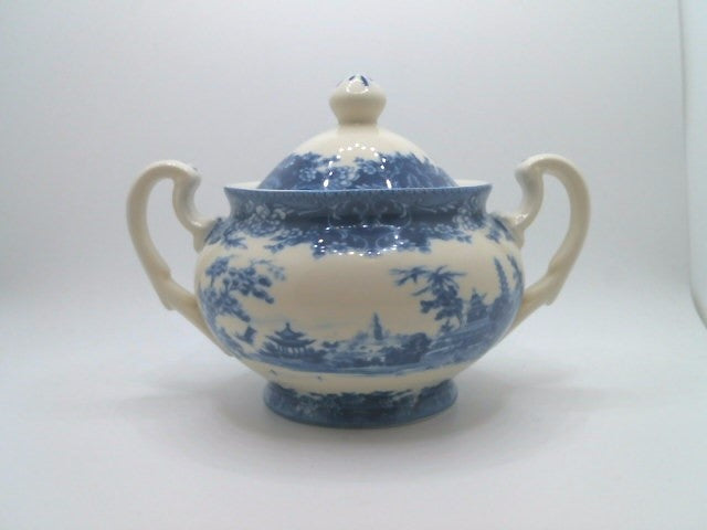 Pagoda Blue Transferware Porcelain Tea Milk And Sugar Set
