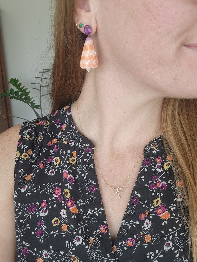 14 Karat Yellow Gold Amethyst & Orange Cone Shell Dangle Earrings