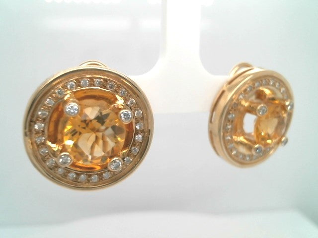 Vintage 14 Karat Yellow Gold Citrine & Diamond Halo Style Earrings With Omega Backs