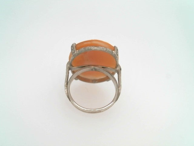 Vintage Sterling Silver Carved Seashell Cameo Ring With Milgrgrain & Engraved Flower Detail