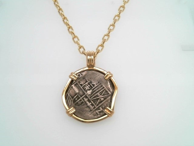 Silver 2 Reale Coin Prong Set In 14 Karat Yellow Gold Bezel Pendant