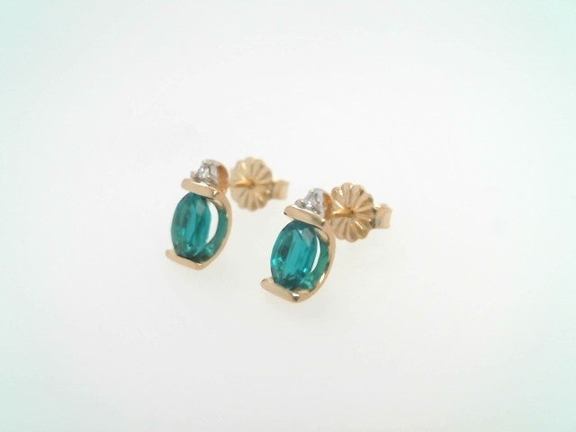 Vintage 14 Karat Yellow Gold Lab Grown Emerald Earrings With Diamond Accents
