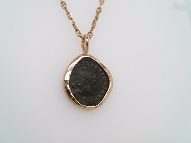 14 Karat Yellow Gold & Bronze Roman Empire Nummus Coin Pendant With Handmade Smooth Bezel