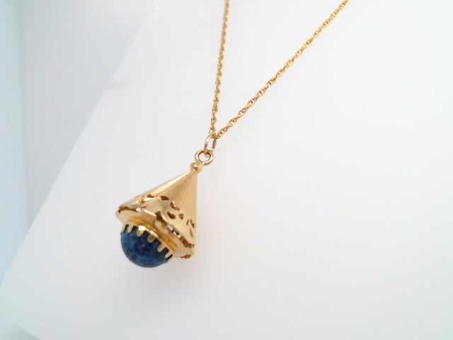 Vintage 18 Karat Yellow Gold Cone Shaped Charm/Pendant With Blue Glass Cabochon From Italy Circa 1960
