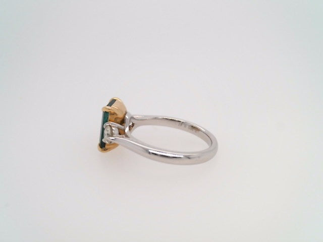 Platinum & 18 Karat Yellow Gold Emerald & Diamond 3 Stone Ring