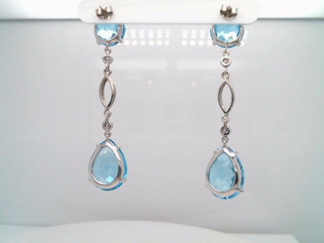14 Karat White Gold Sky Blue Topaz & Diamond Long Dangle Earrings