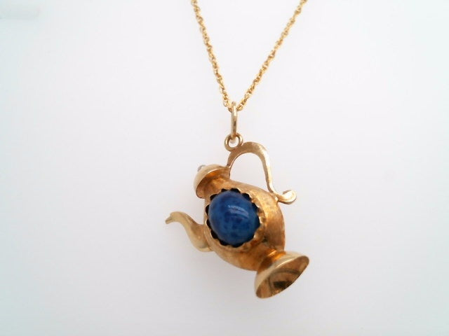 Vintage 18 Karat Yellow Gold Handmade Italian Teapot Charm With Lapis Blue Murano Glass Cabochons