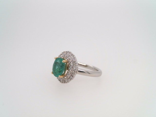 Platinum & 18 Karat Yellow Gold Emerald & Diamond Halo Style Ring