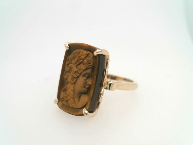 14 Karat Yellow Gold Cushion Shaped Carved Tiger's Eye Cameo Ring With Fleur De Lis Details
