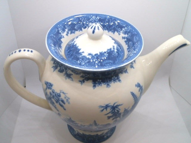 Pagoda Blue Transferware Porcelain Teapot