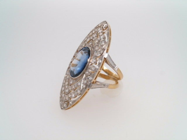 Vintage 18 Karat Yellow & White Gold Synthetic Blue Sapphire & Diamond Large Marquise Shaped Filigree Statement Ring