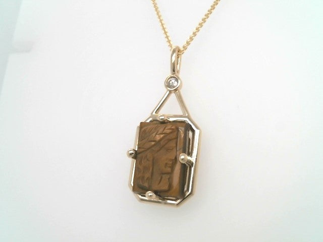 14 Karat Yellow Gold Rectangular Carved Tiger's Eye Intaglio Pendant With Diamond Accent