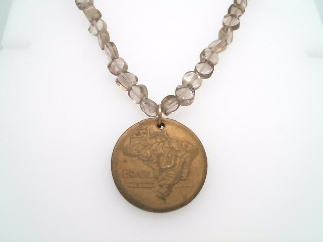 Handmade Sterling Silver Smokey Quartz Bead Necklace With Brazilian 2 Cruzeiros Coin Dated 1946, 18"