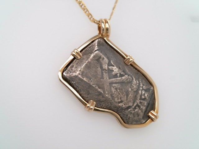 Silver 1715 Fleet Phillip V 4 Reales Coin Set In Prong Set In 14 Karat Yellow Gold Bezel Pendantt