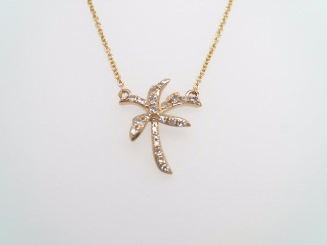 14 Karat Yellow Gold Fixed Diamond Palm Tree Necklace 18" In Length With A Loop At 16"