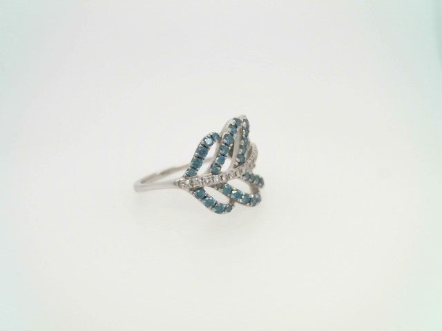 14 Karat White Gold Blue & White Diamond Feather Design Ring